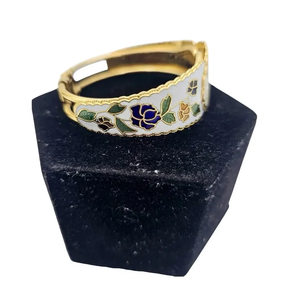 Vtg Cloisonne Peacock Bird White Multi Color Cuff Spring Bracelet